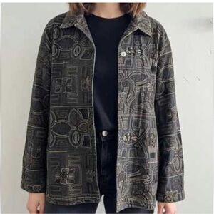 Chico's Black and Gold Patterned embroidered Denim Jacket Size 3/16